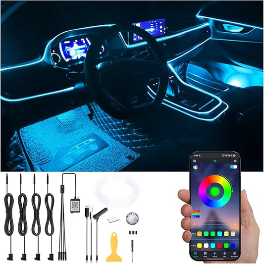 Car Atmosphere Light Kit 4m Fiber Optic RGB Multicolor Sound Active Music Sync Memory Function Bluetooth APP Control 64 Colors USB Car Interior Ambient Lighting Kit DC 12V