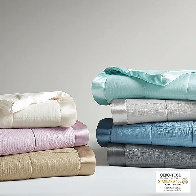 Madison Park Cambria Down Alternative Blanket, Premium 3M Scotchgard Moisture Wicking Treatment, Lightweight and Soft Bed Cover For Summer with Satin Trim, Oversized Twin Taupe