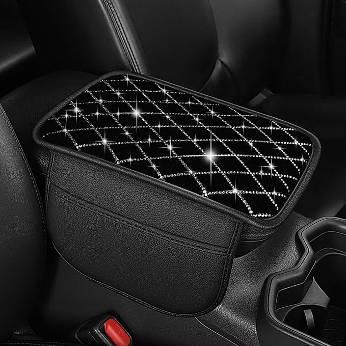 Bling Center Console Cover with 2 Side Pockets Fit for Camry Multi-Functional Car Armrest Cushion Diamond-Studded Rhombus Pattern Style(Black&Silver Diamond)