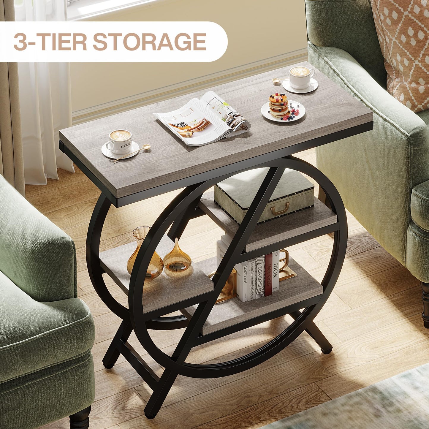 LITTLE TREE End Table, Narrow Side Table with 4-Tier Large Storage Space, Modern Bedside Table for Living Room, Home Office, Bedroom, Set of 2, Grey