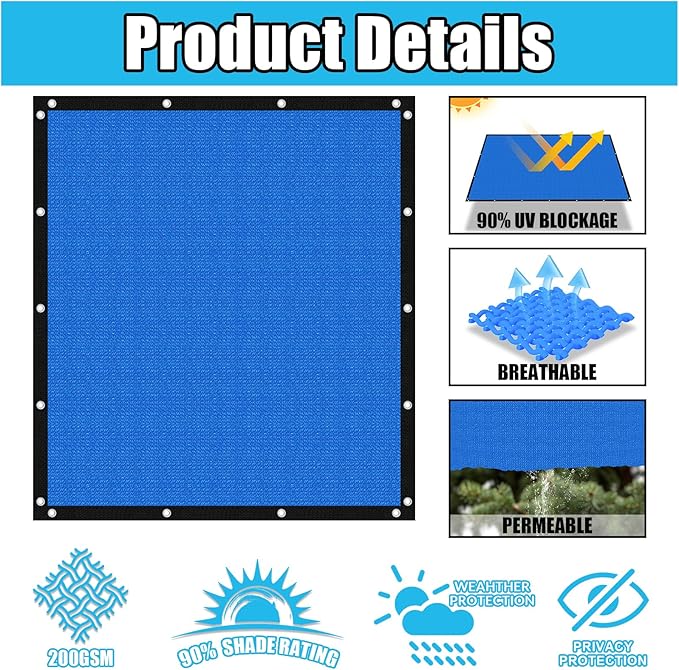Amagenix 90% Pergola Shade Cover 10' X 15' Sun Shade Cloth with Grommets for Outdoor Garden Patio Porch, Commercial Grade 200 GSM - Cable Zip Ties Included (We Customized) GN108, Blue