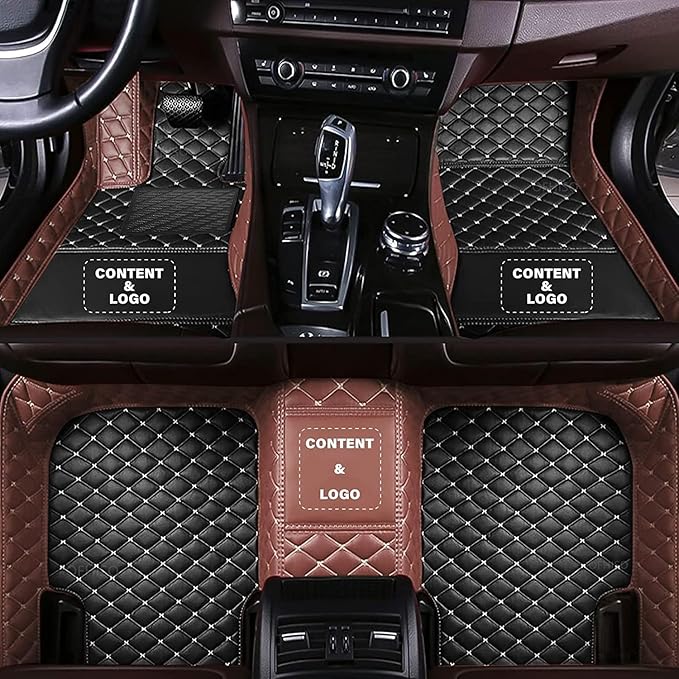 Custom Making Car Floor Mats Compatible for 2000-2025 All Mode Sedan SUV Sports Car Full Coverage Cute Pads Protection Non-Slip Leather Floor Liners (Black+Light Brown Edge)