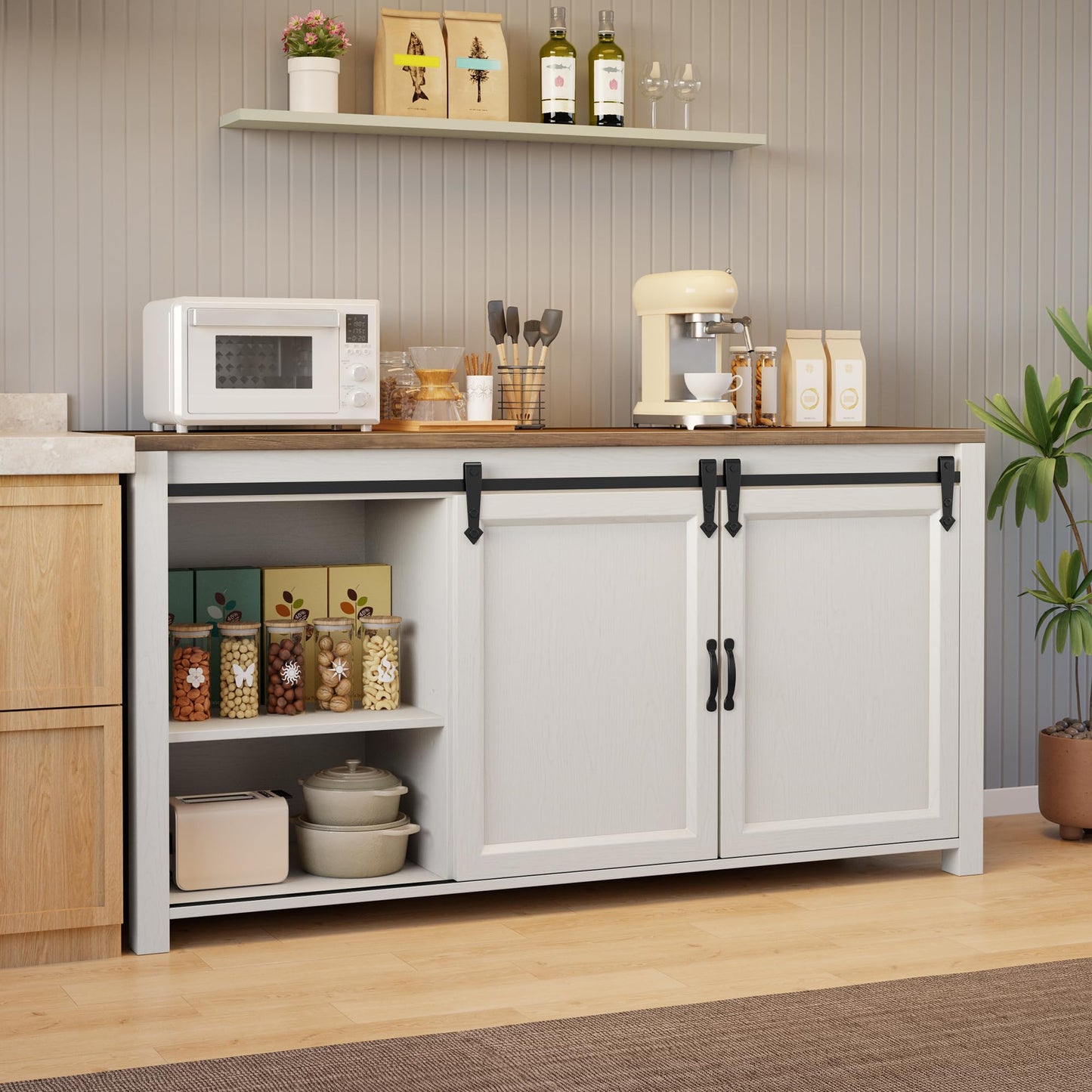 Gizoon Sideboard Buffet Cabinet with Storage, Large Kitchen Sideboard and Coffee Bar with Sliding Barn Doors and 4 Drawers, Kitchen Storage Island for Dining Room, Living Room, Retro