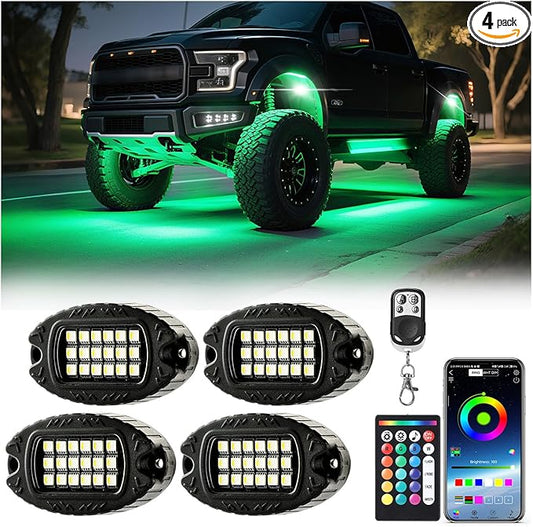 4 Pods Alloy RGBW Rock Lights，LED Upgraded RGB Underglow Lights for ATV UTV Golf Cart Truck RZR SXS Offroad Jeeps, IP68 Waterproof Metal Multicolor Underglow Kit with APP/RF Remote Music Mode,12V