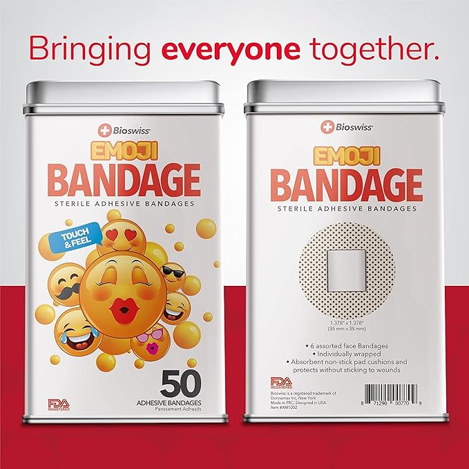 BioSwiss Bandages, Emoji Shaped Self Adhesive Bandage, Latex Free Sterile Wound Care, Fun First Aid Kit Supplies for Kids, 50 Count