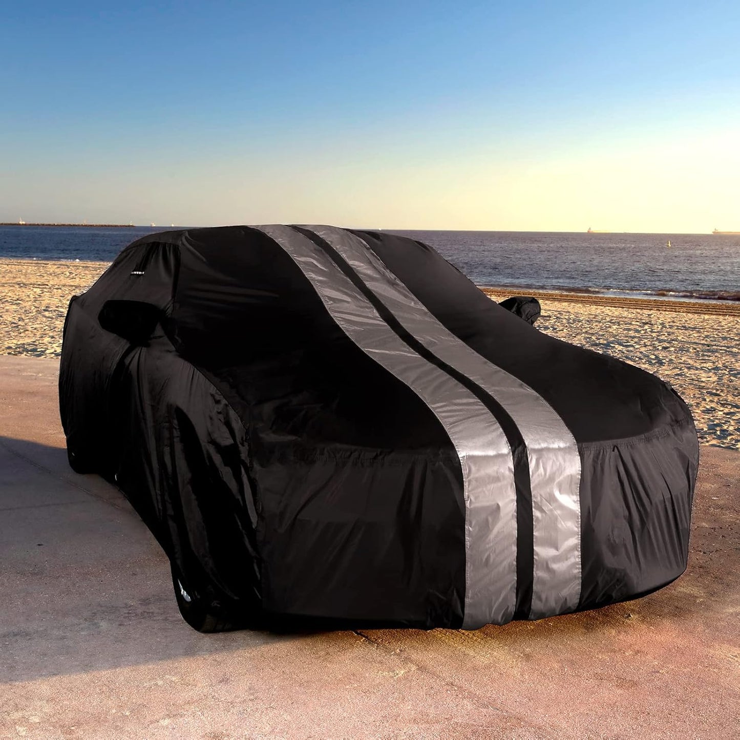 iCarCover Custom Car Cover for 1982-1992 Chevy Camaro Z28, IROC-Z, RS, Berlinetta, Sport Waterproof All Weather Rain Snow UV Sun Protector Full Exterior Indoor Outdoor Car Cover (Stripe - Black/Gray)