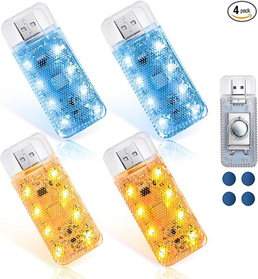 4 PCS Car LED Lights, USB Plug-in Rechargeable 8 High-Brightness LED Beads, Portable Mini Touch Control Dimmable Night Light for Car/Bedroom/Party/Holiday Decoration (2 Amber & 2 Ice-Blue)