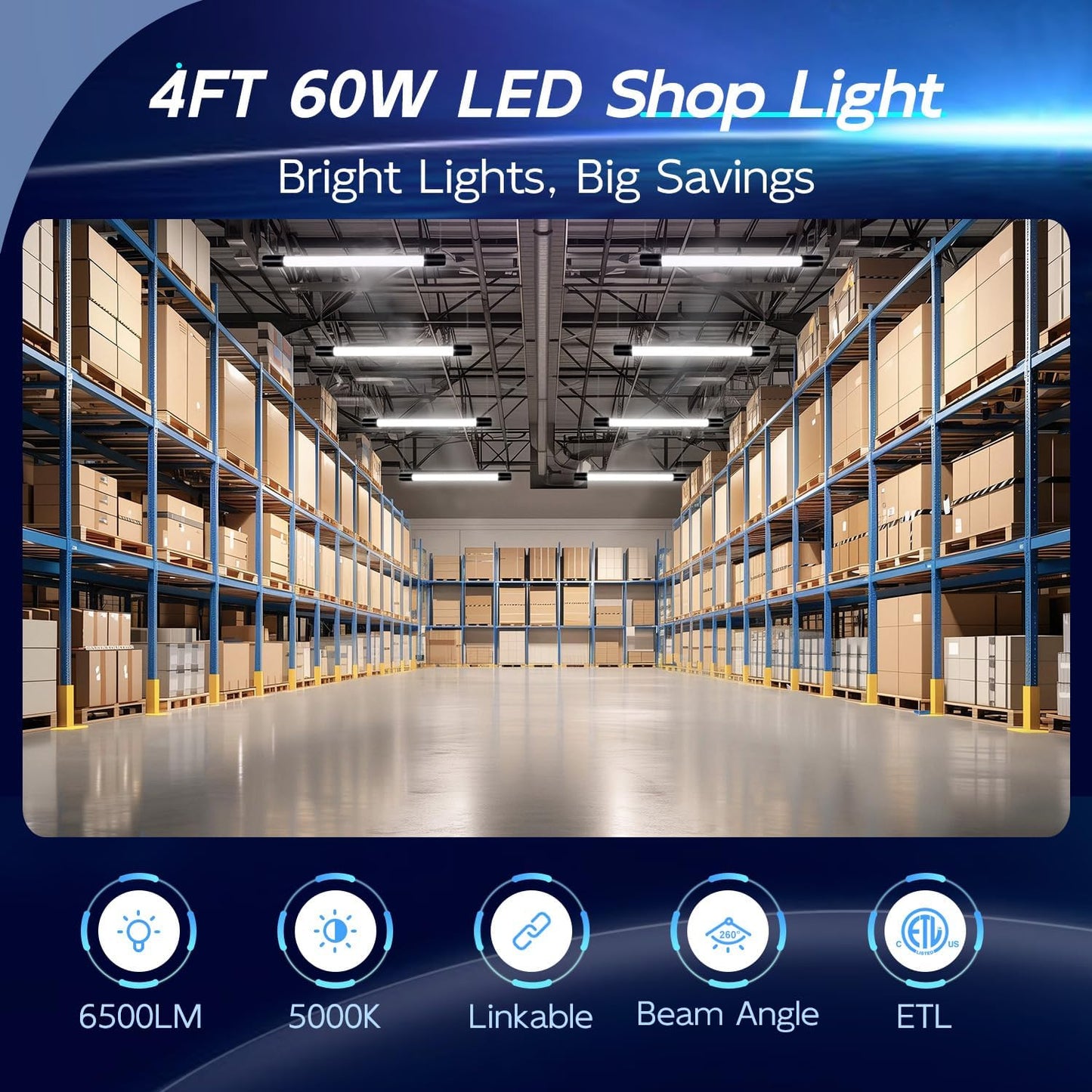 hykolity 6 Pack 4FT Linkable LED Shop Light for Garage, 6500lm, 4FT 60W Utility Light Fixture, 5000K Daylight LED Workbench Light with Plug, Hanging or Surface Mount, Black - ETL