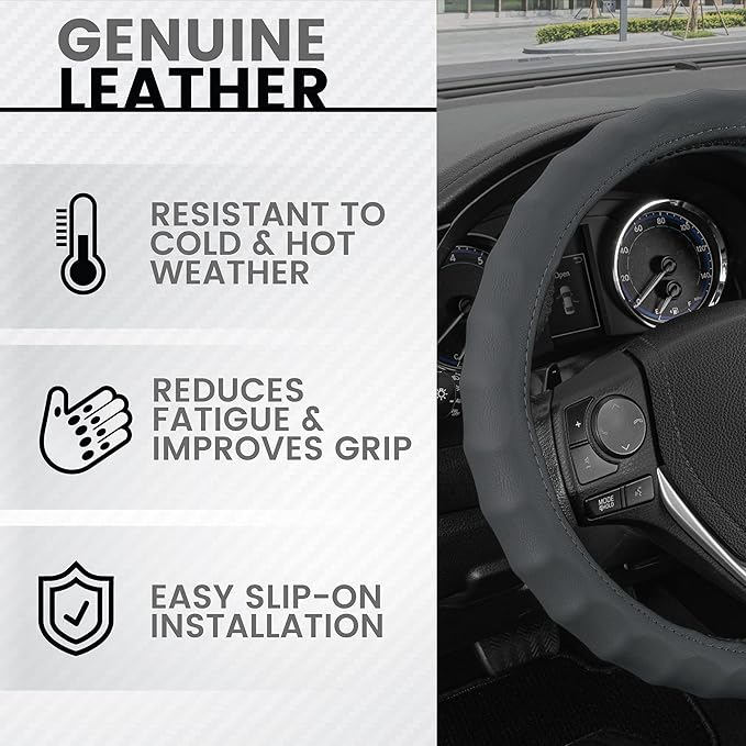 BDK Genuine Gray Leather Steering Wheel Cover for Car, Medium (14.5" - 15.5") – Ergonomic Comfort Grip for Men & Women, Universal Fit Car Steering Wheel Cover for Most Vehicles