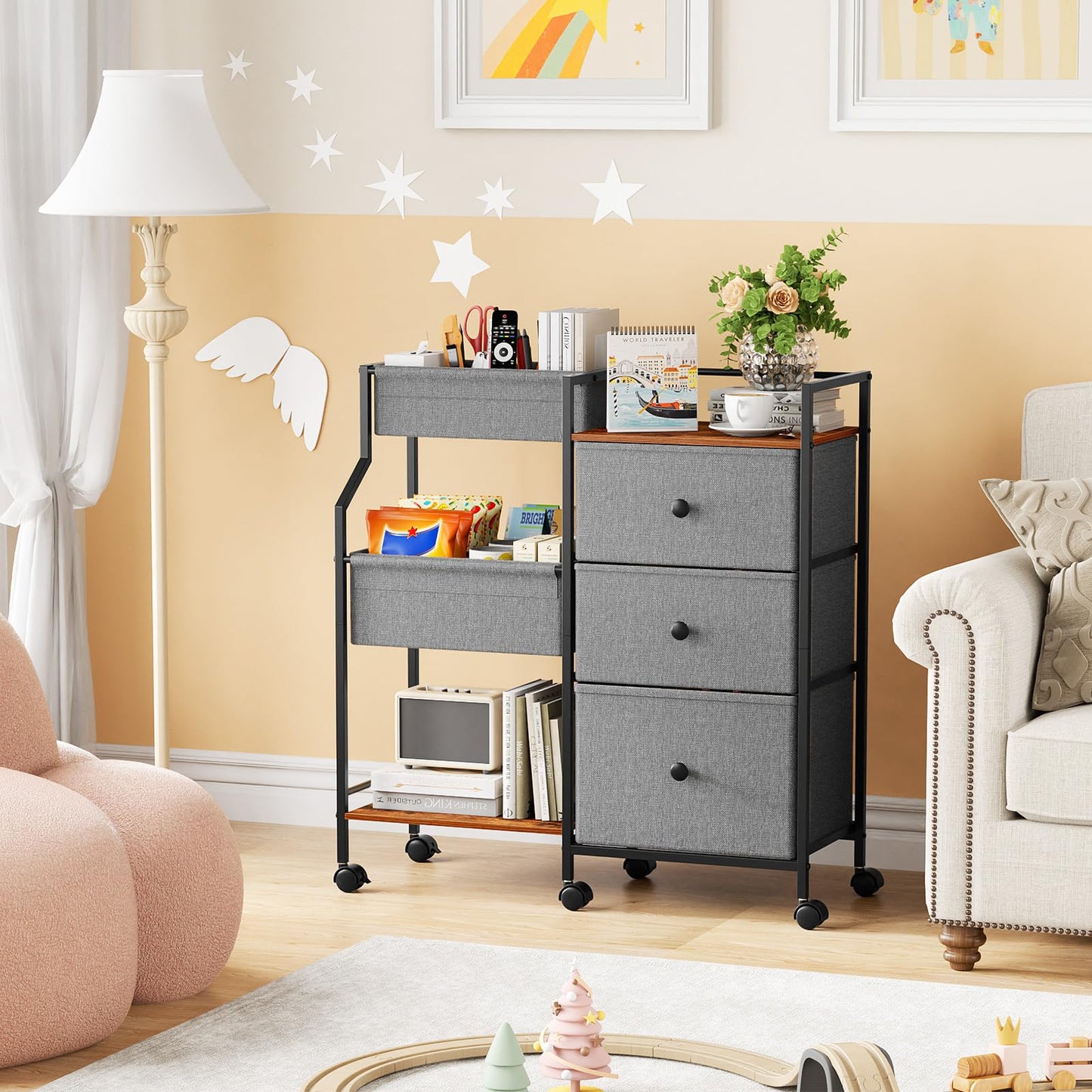 Modanais Baby Diaper Caddy Organizer and Storage - 3 Tier Rolling Cart with Dividers and Drawers, Easy To Assemble, Mobile Utility Cart with Wheels for Nursery, Bedroom, Changing Table & Crib