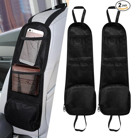 2PCS Car Seat Side Organizer, Seat Side Storage Pocket, Multifunctional Mesh Net Pocket, Car Multi-Pockets Backseat Organizer Side Hanging Bag for Storage Coins, Cell Phones (Black, 2PCS)