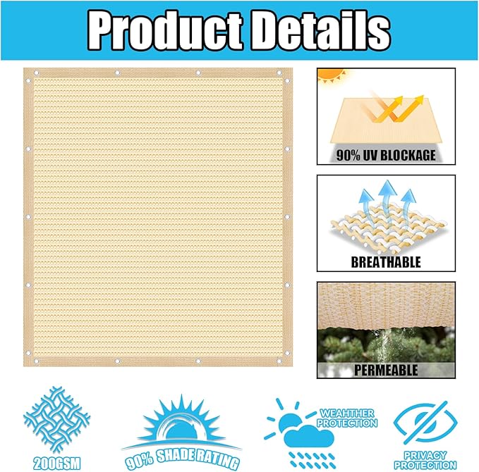 Amagenix 90% Pergola Shade Cover 9' X 18' Sun Shade Cloth with Grommets for Outdoor Garden Patio Porch, Commercial Grade 200 GSM - Cable Zip Ties Included (We Customized) GN108, Wheat