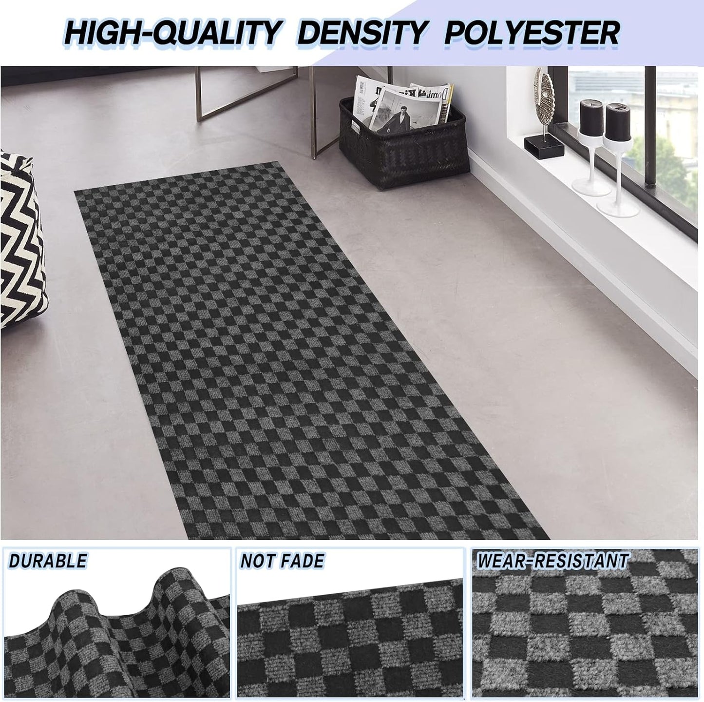 Custom Size Backed Non-Slip Area Rugs Runner, Easy Clean, Waterproof Runner Rugs for Hallway Entryway, Kitchen, Laundry, 2FT x 53FT, Gray Checkered
