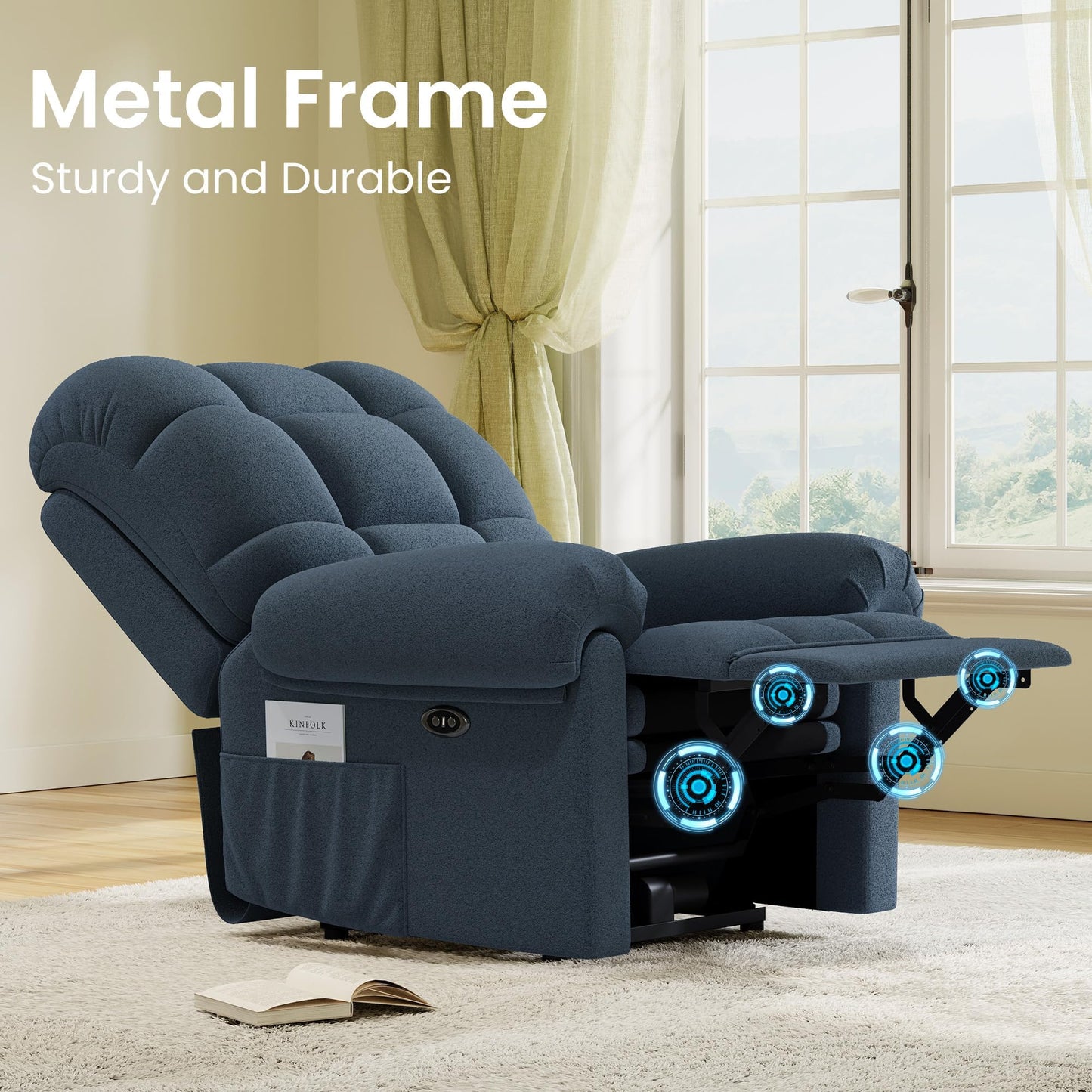 Welzona Updated Power Recliner Chair, Adjustable Electric Recliner Chair for Adults, Ultra-Comfy Teddy Fleece Recliner Chair for Small Space, Tool-Free Assembly, 2 Side Pockets and USB Port, Blue Gray
