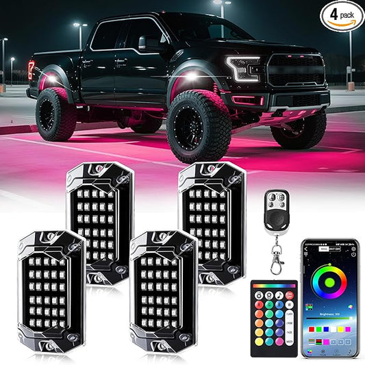 4 Pods Full Angle RGB LED Rock Lights for Jeep Truck ATV UTV RZR Offroad Golf Cart SXS, Waterproof Multicolor Neon Underglow Kit with APP/RF Remote, 12Volt Underbody Lights