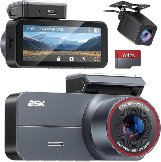 2.5K Dash Cam Front and Rear with 64GB Card, Car Camera with 3.39" IPS Screen, WDR Night Vision, Parking Monitor, G-Sensor Dash Camera