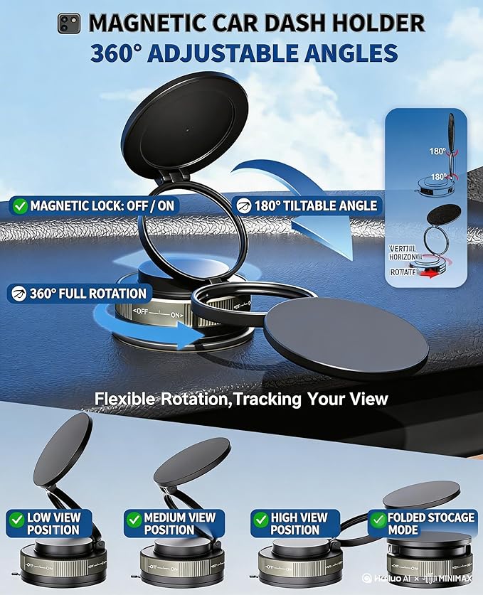 Upgraded adjustable vacuum magnetic car phone holder, strongest suction cup phone holder, 360° foldable car holder, suitable for cars/mirrors/smooth surface, compatible with iPhone and Android (black)