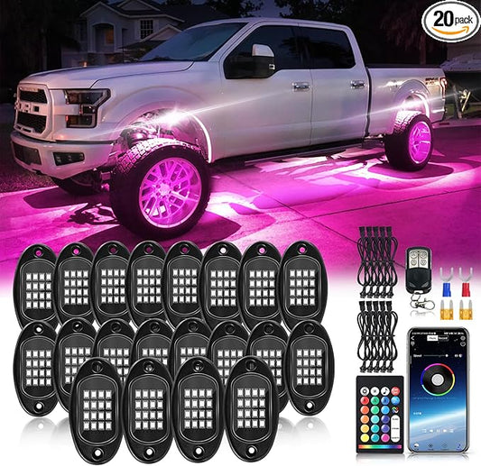 20Pods Multicolor RGB LED Rock Lights for Semi Trucks Pickup RV Jeep Golf Cart Offroad, Segmented Waterproof Underglow Light Kit Neon with APP/RF Remote Control, Music Mode 12V Fender Lights