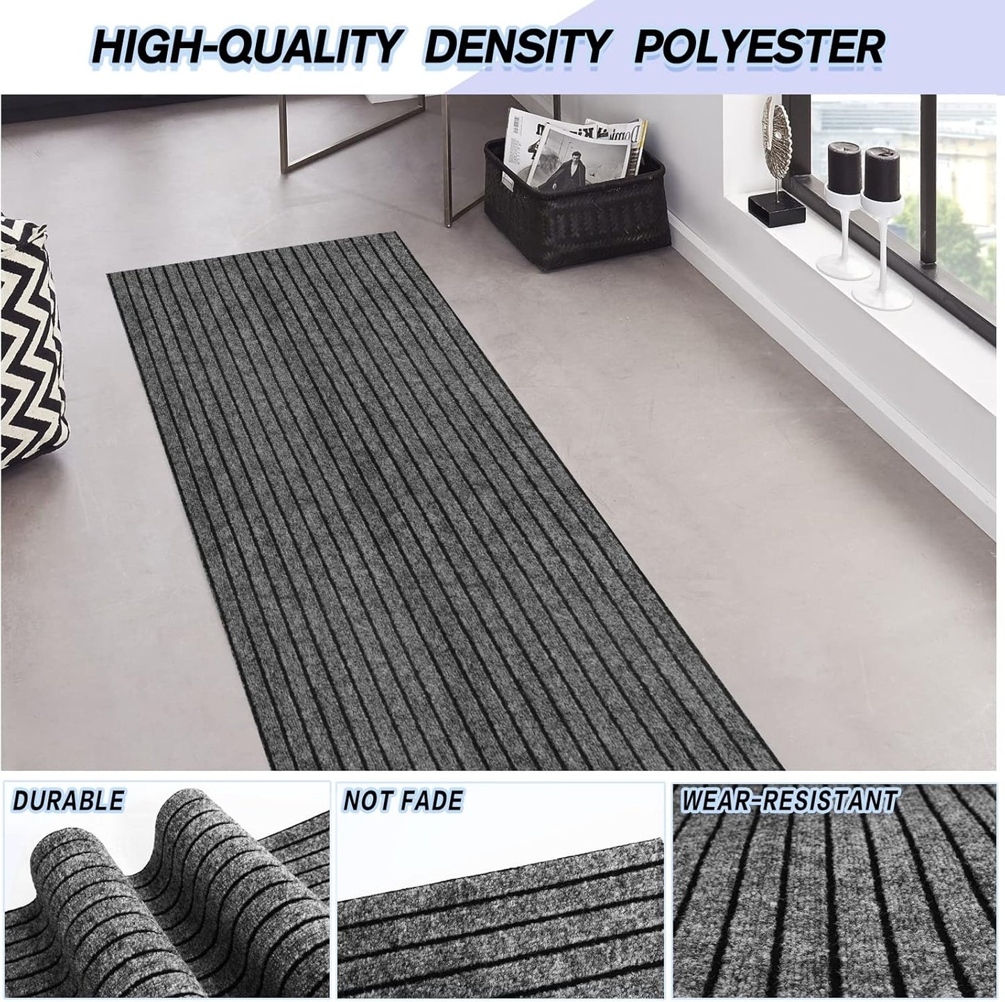 Custom Size Backed Non-Slip Area Rugs Runner, Easy Clean, Waterproof Runner Rugs for Hallway Entryway, Kitchen, Laundry, 4FT x 40FT, Gray Stripe