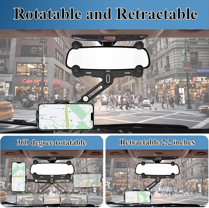 Phone Mount for Car, Rear View Mirror Phone Holder, Rotatable and Retractable Car Phone Holder Mount Rearview Mirror Phone Holder for Car Compatible with iPhone Samsung Cell Phones (Blue)