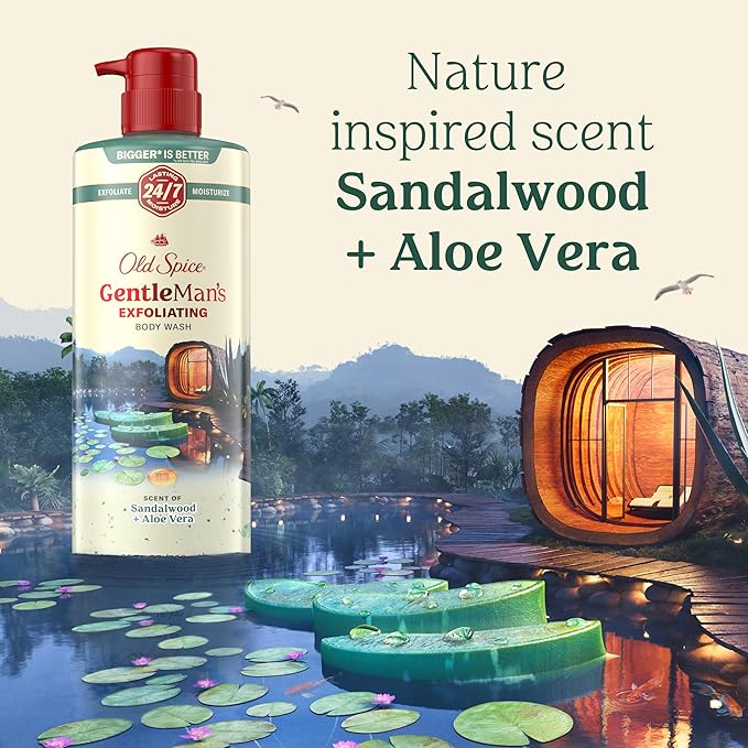Old Spice GentleMan's Exfoliating & Moisturizing Body Wash for Men, 24/7 Shower Fresh with Long Lasting Scent, Renewing Vitamin B3 Blend, Sandalwood + Aloe Vera Scent, 26 oz