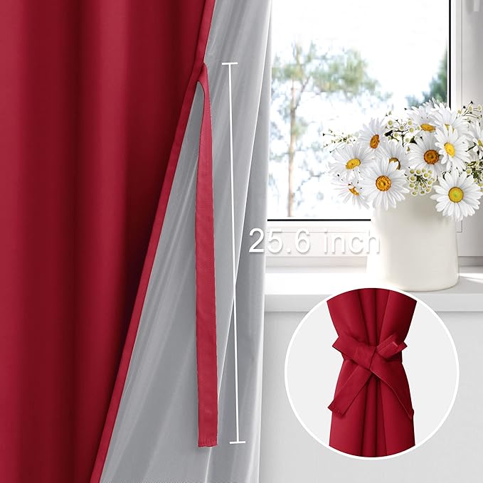 XWZO 100% Blackout Curtains 63 Inches Length - Heat and Light Blocking Ring Top Window Drapes with Black Liner Backing for Bedroom Sewn with Tiebacks, Christmas Red, W38 x L63, Set of 2