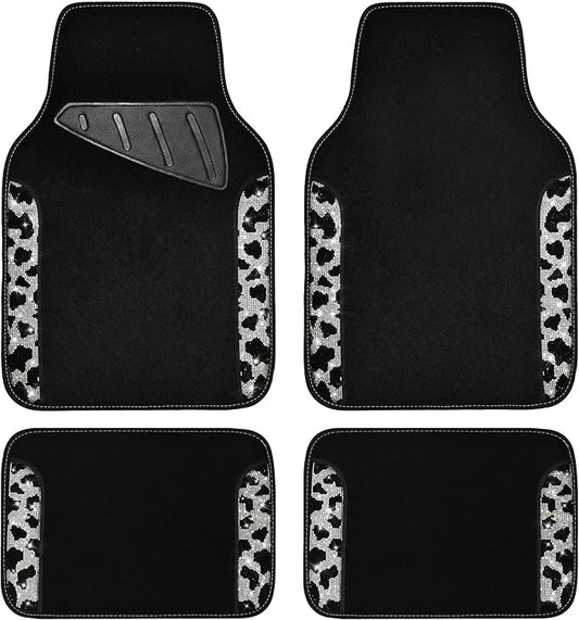 CAR PASS Bling Cow Car Mats Rhinestones Diamond Waterproof Floor Mat Crystal Sparkly Shining Glitter Carpet Anti-Slip PVC Heel Pad, Universal Fit Automotive SUV,Sedan,4pcs Girly Women, Cow Diamond