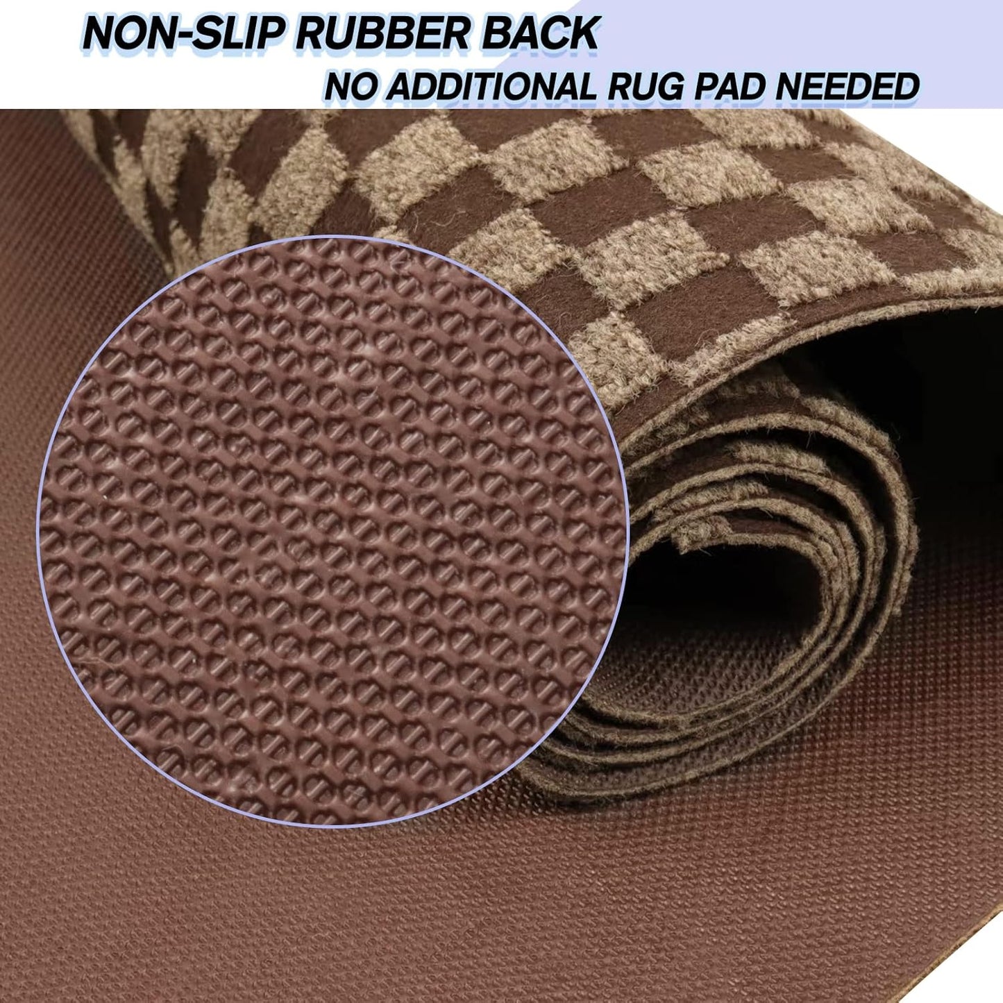 Custom Size Backed Non-Slip Area Rugs Runner, Easy Clean, Waterproof Runner Rugs for Hallway Entryway, Kitchen, Laundry, 3FT x 67FT, Brown Checkered