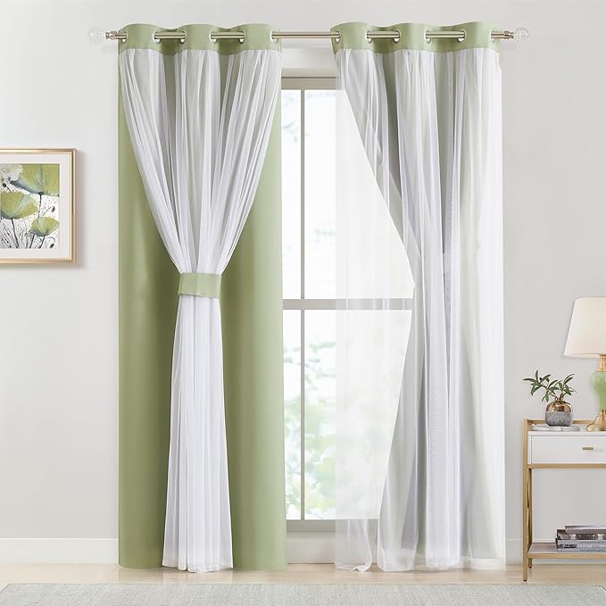 Bujasso Sage Green Blackout Curtains with Sheer Overlay Mix and Match Double Layer Thermal Insulated Window Panels 95 inch for Living Room Bedroom Green Drapes with Tiebacks Grommet Top 54" Wx95 Lx2