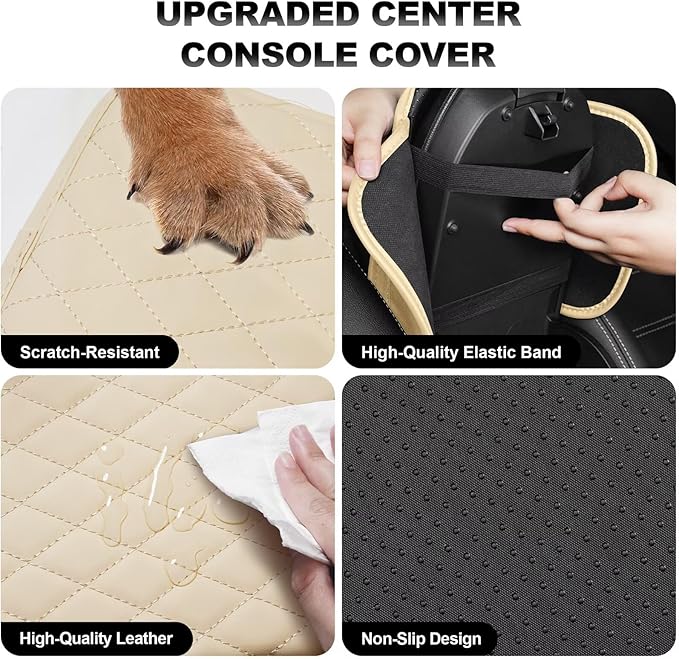 Upgraded Car Center Console Cover Fit for Venza Faux Leather Car Armrest Cover Cushion with 2 Storage Bags,Car Armrest Storage Box Interior Accessories(Beige&Whiteline)