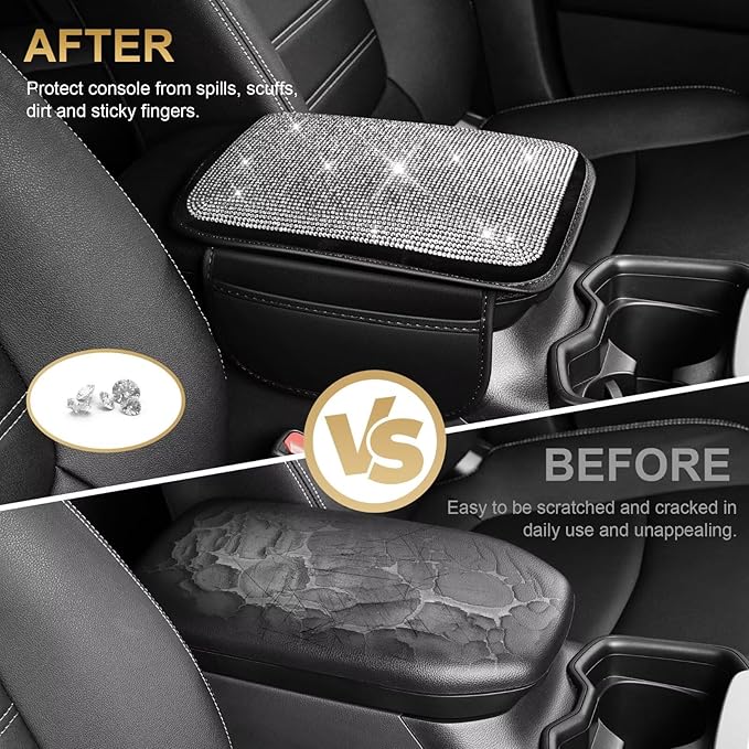 Bling Center Console Cover Fit for Toyota Land Cruiser with 2 Storage Bags Fully Diamond-Studded Style Center Console Armrest Cover with Total Protection(Silver Diamond)