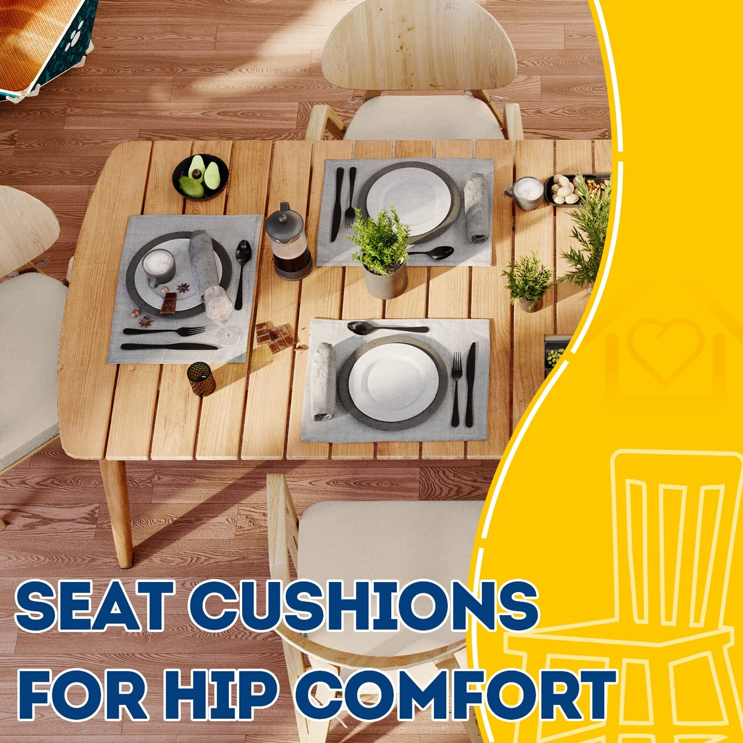 AAAAAcessories D-Shaped Chair Cushions, 2" Thick Dining Chair Pads with Ties and Removable, Machine-Washable Cover, 17" x 16", Set of 4, Beige