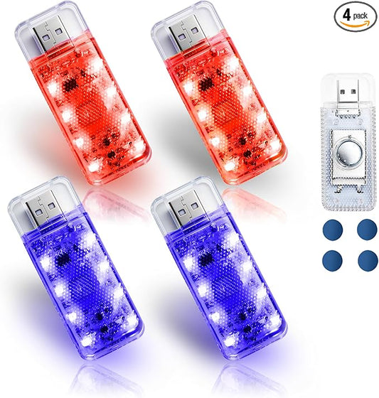 4 PCS Car LED Lights, USB Plug-in Rechargeable 8 High-Brightness LED Beads,Portable Mini Touch Control Dimmable Night Light for Car/Bedroom/Party/Holiday Decoration (2Red&2Blue)