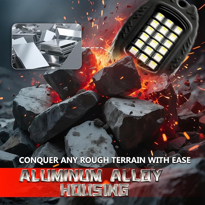 4 Pods Alloy RGBW Rock Lights，LED Upgraded RGB Underglow Lights for ATV UTV Golf Cart Truck RZR SXS Offroad Jeeps, IP68 Waterproof Metal Multicolor Underglow Kit with APP/RF Remote Music Mode,12V