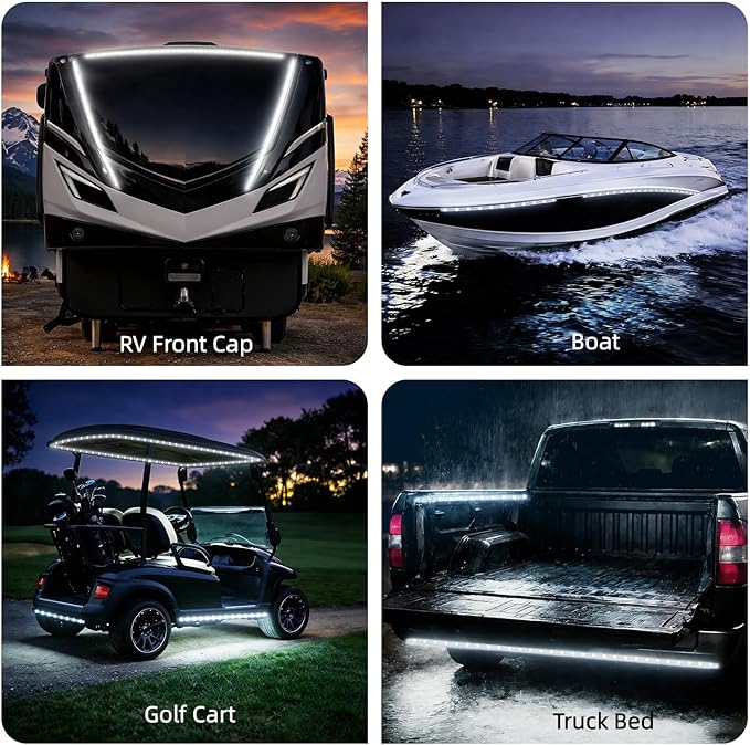 12V Marine Boat LED Light Strip Super Bright, 2 Pack 4FT IP68 Fully Waterproof RV Front Cap Lights, Golf Cart Underglow Roof Lights Strip for Truck ATV UTV SUV Car Pickup Trailer, Cuttable, White