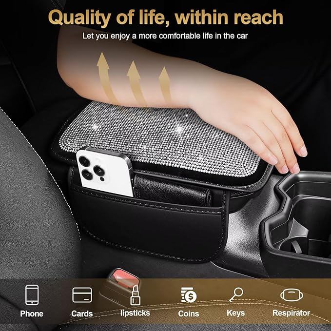 Bling Center Console Cover Fit for Toyota RAV4 with 2 Storage Bags Fully Diamond-Studded Style Center Console Armrest Cover with Total Protection(Silver Diamond)