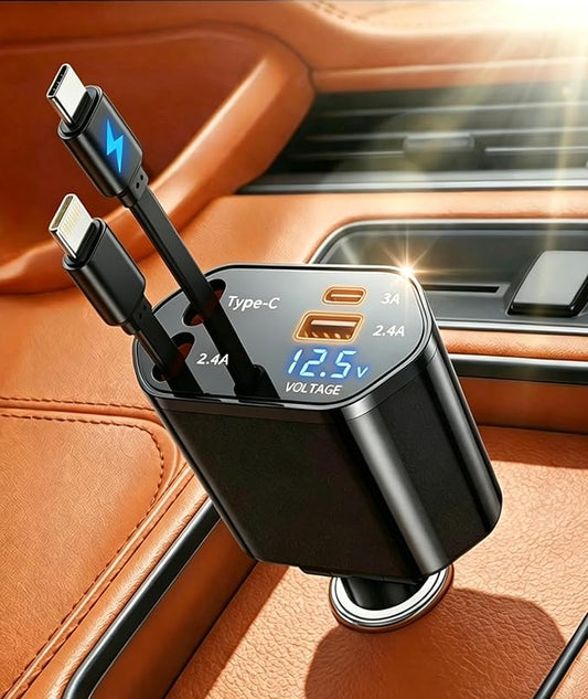 2026 MimAuto 4 in 1 Retractable Car Charger, Car Charger USB C Fast Charger, Car Phone Charger for iPhone 17/16/15/14/13, Samsungs, Tablets, Dash cams. Black Car Accessories for Men Women