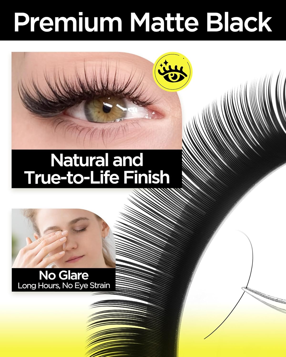 BEYELIAN Eyelash Extension Natural Matte Black 0.05 D Curl 11mm Tray Easy Fan Lash Extensions Volume Lashes 100°/212°F High Temperature Resistant Classic Professional Use(0.05 D 11mm)
