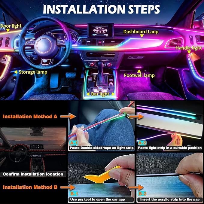 Interior Car LED Strip Lights,116in USB Dreamcolor 4 in 1 Acrylic Neon Flexible Strip Fiber Optic LED Ambient Lighting Kits with Remote APP, RGB Music Lights Sync for Inside car Decorations