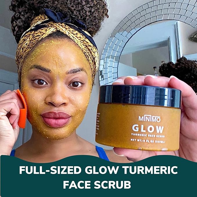 Minimo Skin Essentials Glow on Glow Combo Pack: Glow Turmeric Face Scrub (5 oz) + Glow in a Bottle Ultra-Concentrated Turmeric Serum (1 oz)