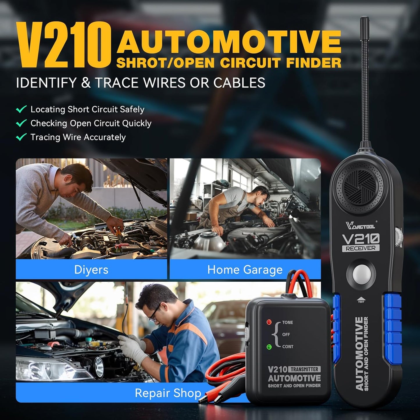 VDIAGTOOL V210 Wire Tracer Automotive Electrical Open & Short Finder Circuit Tester Wire Breaker Finder Fault Probe Cable Tracker Electrical DC 6-42V