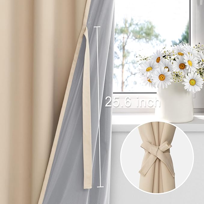 XWZO Full Shading Blackout Curtains 84 Inches Length with Tiebacks- Heat and Light Blocking Ring Top Window Drapes with Black Liner Backing for Bedroom/Kid's Room, Biscotti Beige, W70 x L84, Set of 2