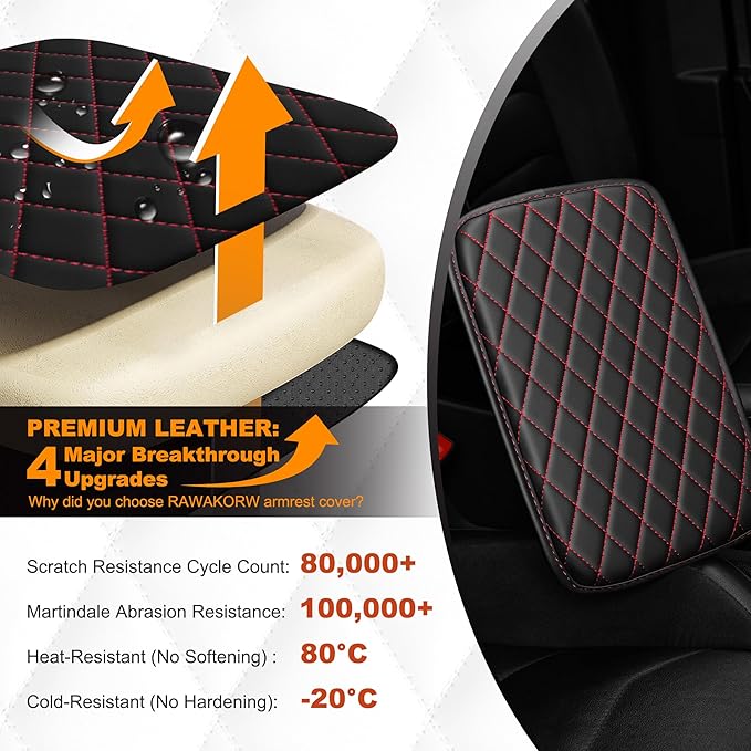 Center Console Cover for Cars Fit for Jeep Grand Cherokee Leather Armrest Covers with 2 Storage Bags(Black&Red)