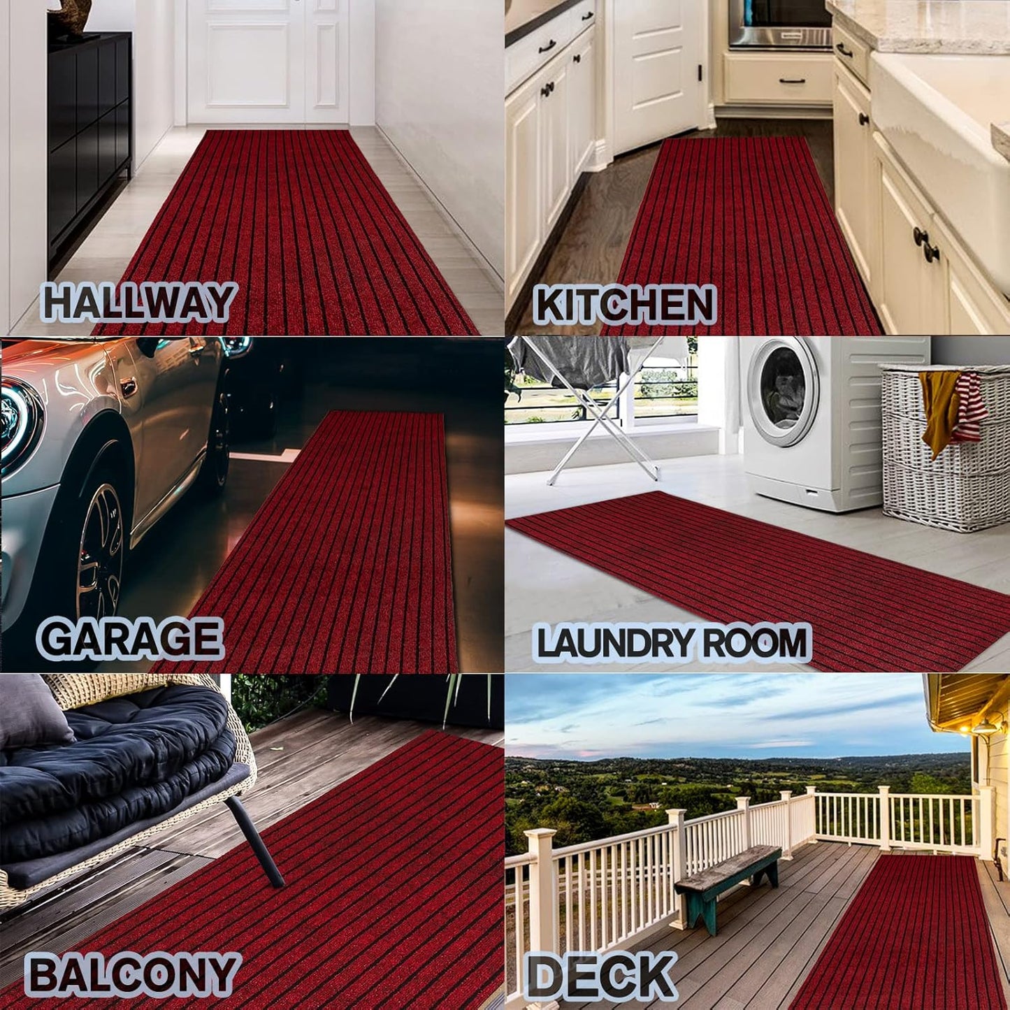 Custom Size Backed Non-Slip Area Rugs Runner, Easy Clean, Waterproof Runner Rugs for Hallway Entryway, Kitchen, Laundry, 2FT x 6FT, Red Stripe