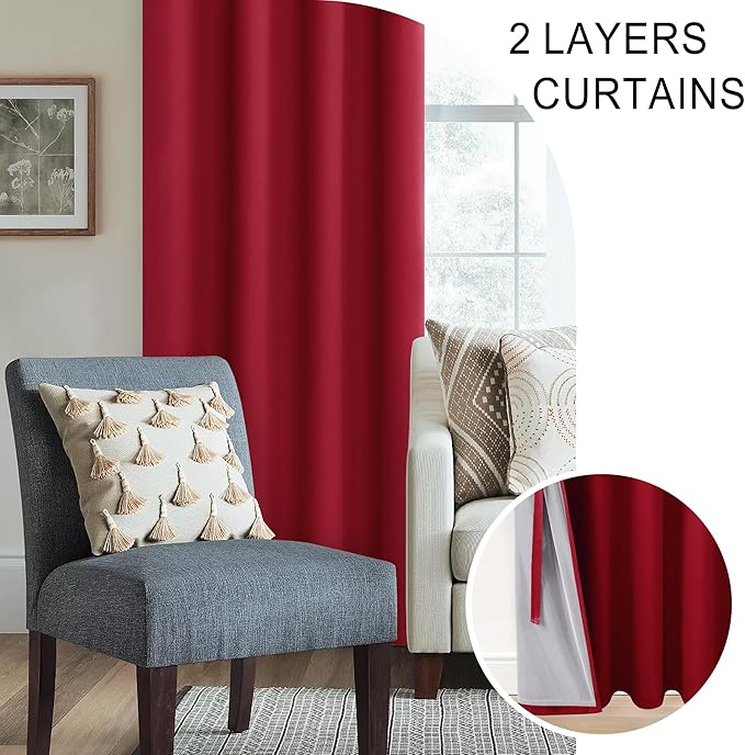 XWZO Thermal Insulated 100% Blackout Curtains with Tiebacks, Noise Reducing Drapes with Black Lining, Full Light Blocking Drapery Panels with Grommets for Bedroom, Christmas Red, W60 x L63, Set of 2