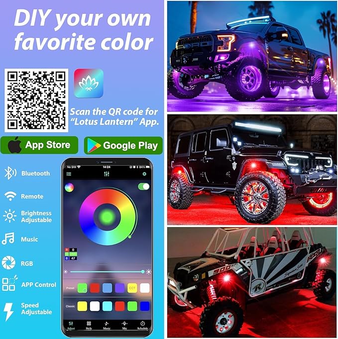 12 Pods RGB LED Rock Lights, Underglow Multicolor Neon Light Kit Wheel Well Light with APP Control & Music Mode, Under Glow Lights for Trucks,Jeep,SUV,Golf Cart,ATV,Pickup Off Road,12 V