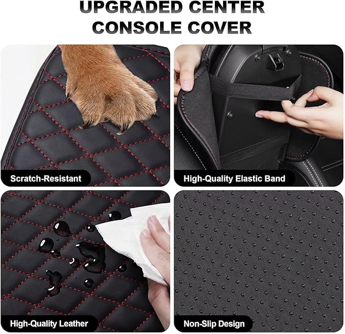 Upgraded Car Center Console Cover Fit for Venza Faux Leather Car Armrest Cover Cushion with 2 Storage Bags,Car Armrest Storage Box Interior Accessories(Black&Redline)