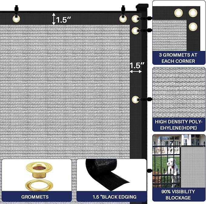 Windscreen4less Privacy Fence Screen Heavy Duty Windscreen Fencing Mesh Fabric Shade Net Cover with Brass Grommtes for Outdoor Wall Garden Yard Pool Deck, 8'x94' Light Gray