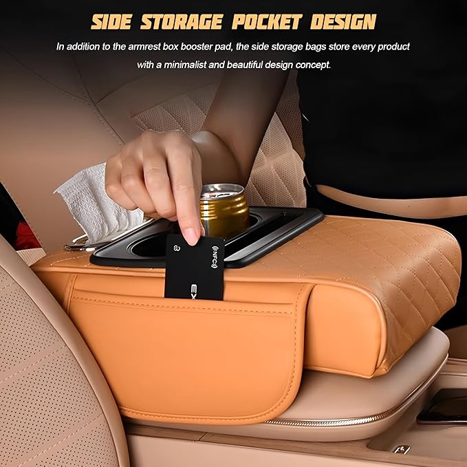 Zpana Car Center Console Armrest Pillow, Memory Foam Leather 4 in 1 Vehicle Arm Rest Cover with Tissue Box 2 Side Storage Bag Cup & Phone Holder, Auto Armrest Cushion, Universal Fit (Wine Red)