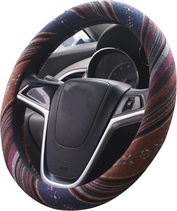 Small Ethnic Style Coarse Flax Cloth Automotive Steering Wheel Cover Anti Slip and Sweat Absorption Auto Car Wrap Cover (14''-14.25, F)